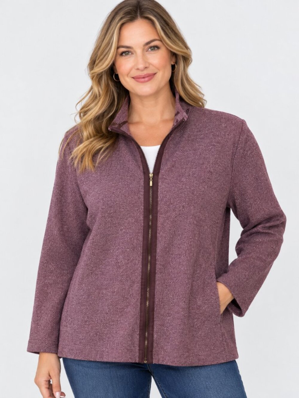 Soft Surroundings Lhami Women Large Ribbed Mock Neck Full Zip Sweater Cardigan L